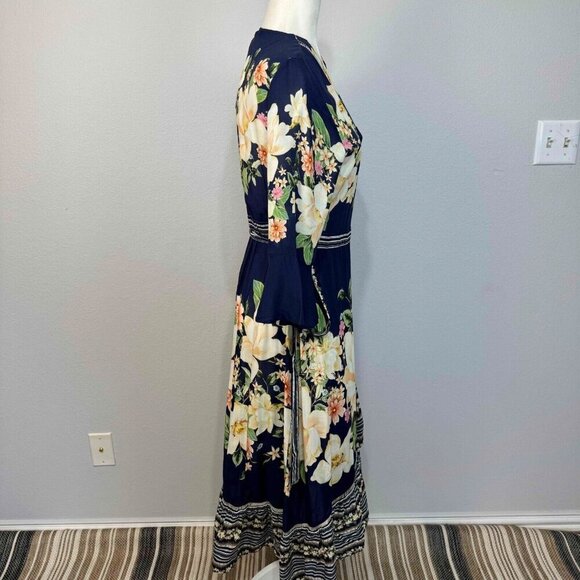 Farm Rio Anthropologie Midnight‎ Flower Wrap Dress 3/4 Sleeves Blue SP - Picture 6 of 16